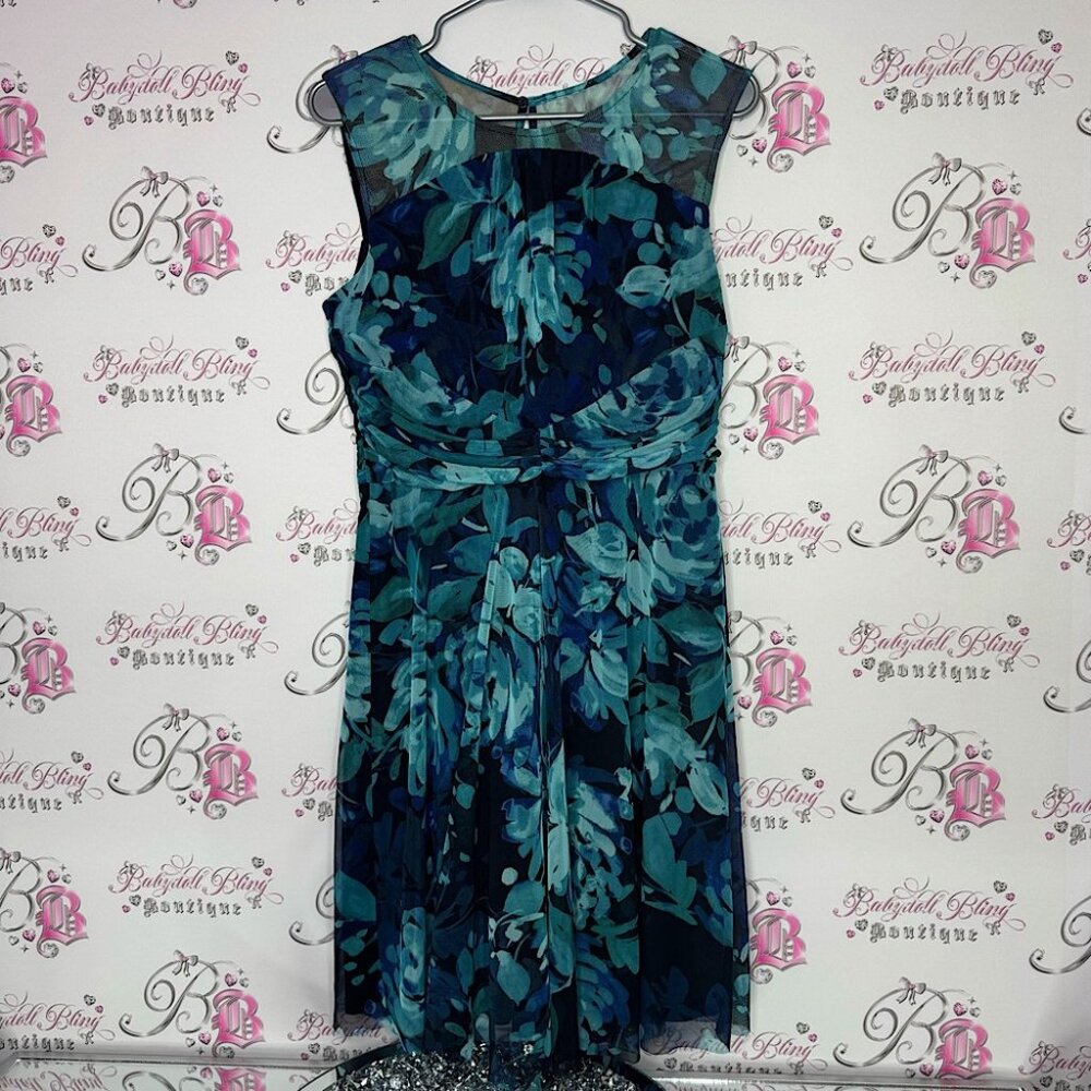 CB dress floral flowers black blue mesh ribbon detailing luxury keyhole opening